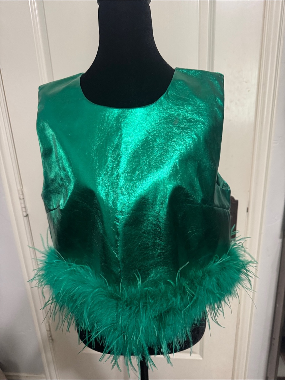 Buddy Love Metallic Emerald Feather Trim Crop Top